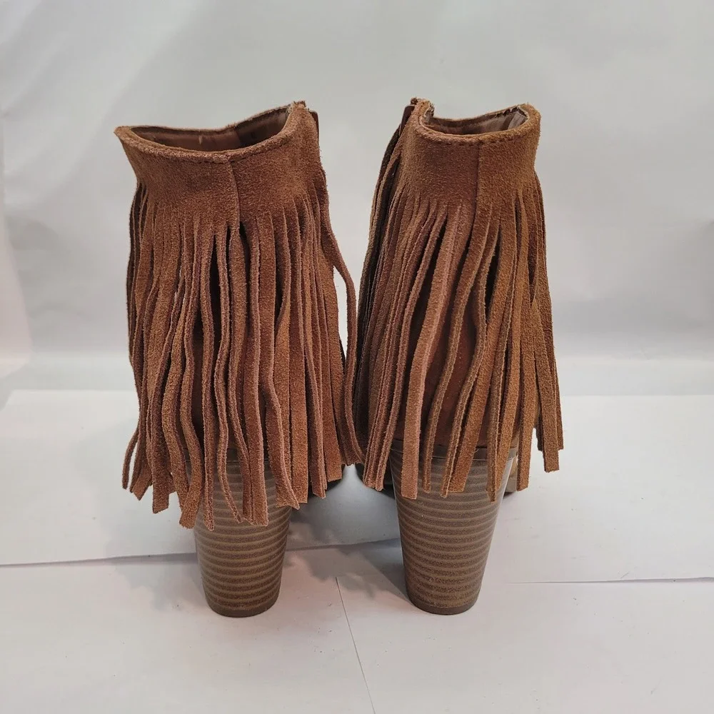 Target Fringe Ankle Boots Womens 6.5 Cognac Brown Leather Block Heel Booties